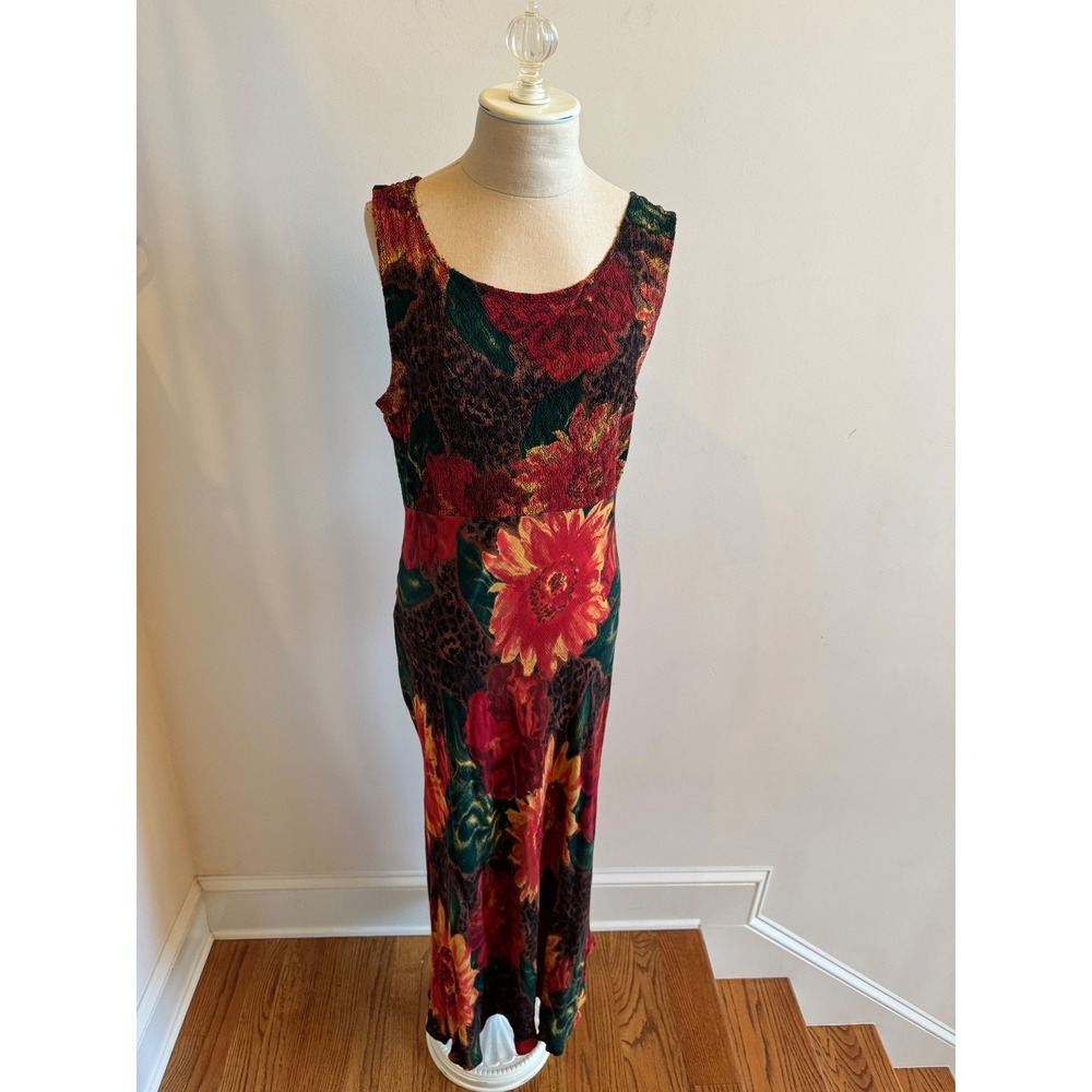 Vintage Carole Little Floral Leopard Print Maxi Dress Rayon Sleeveless Size 8
